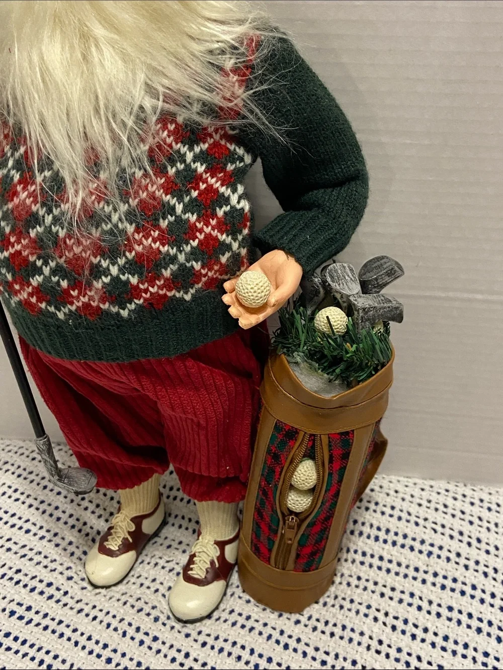 Santa Golf Figurine Red Corduroy Pants & Hat Argyle Sweater Golf Club Bag & Ball